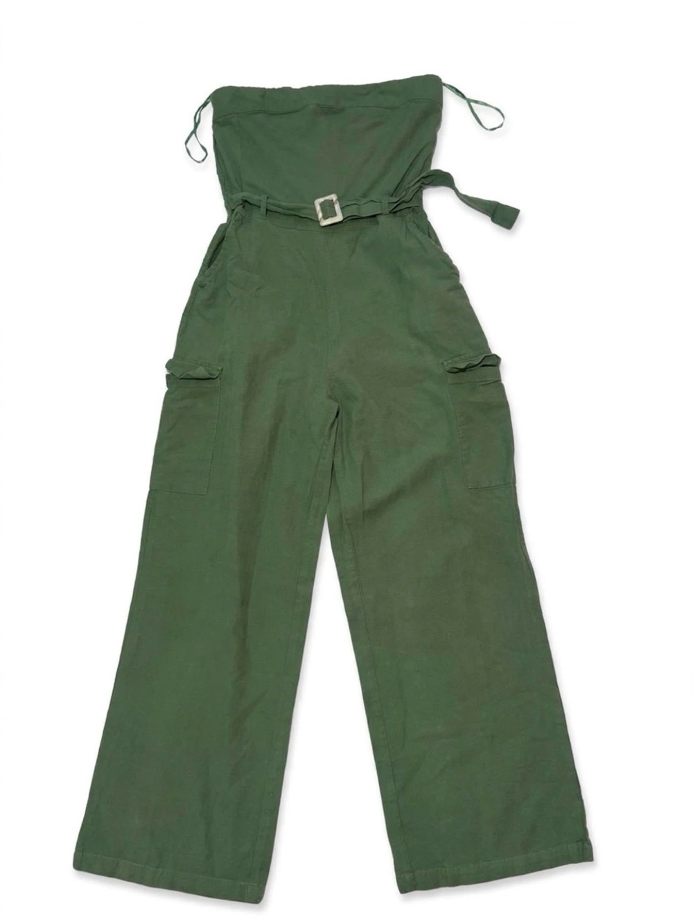 Strapless Olive Green Utility Jumpsuit with Belted Waist - Picture 2 of 7